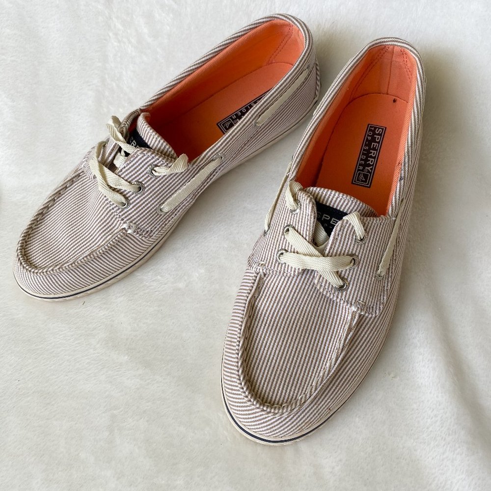 Sperry‎ Cruiser loafers, boat shoes sz 8 M tan/white stripe , lace up